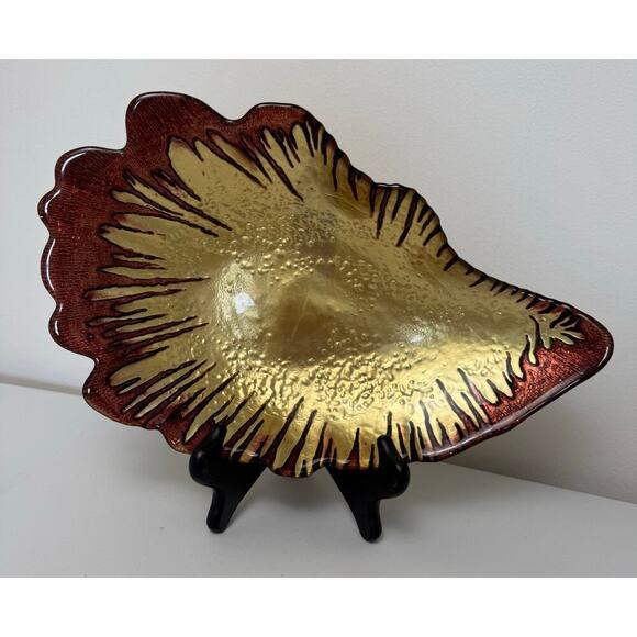 Rusty Gold Red Glass Bowl LARGE Handmade Gold Copper Backpainted 13.5x9” Oyster - Picture 1 of 8